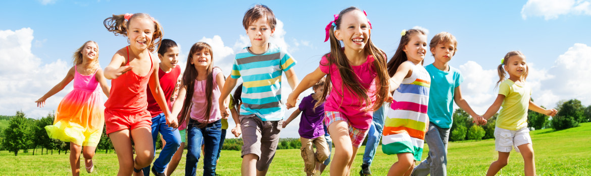 Many different kids, boys and girls running in the park on sunny summer day in casual clothes_shutterstock_156078371
